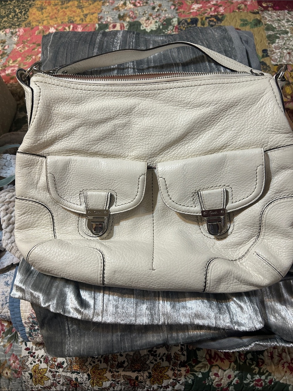 Coach Cream Pebbled Leather Shoulder Bag with Front Flap oh Pockets